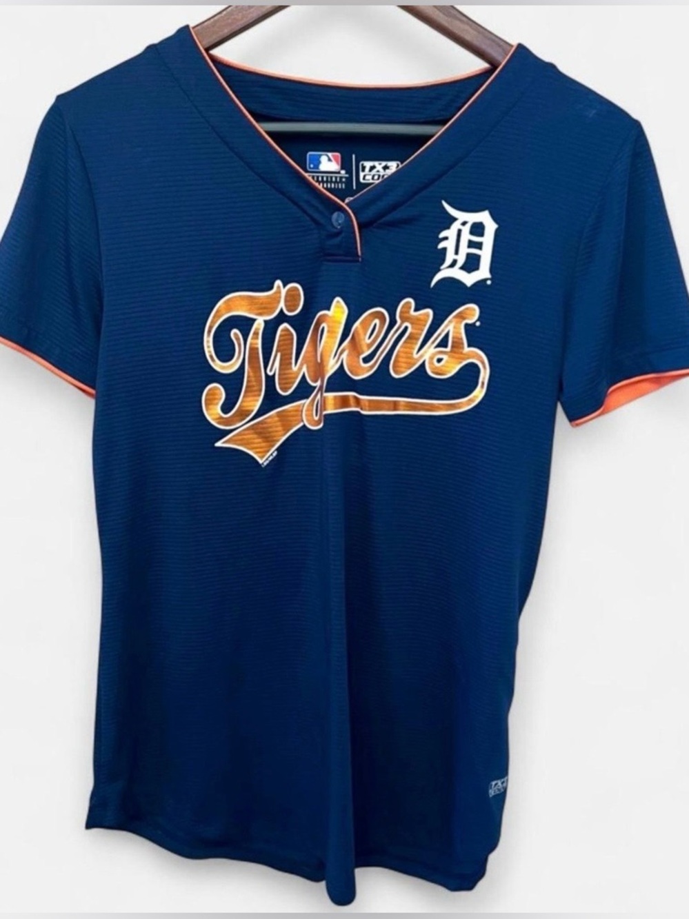 Detroit Tigers Navy Blue Orange Button Front Jersey MLB Women’s Sz Med Baseball